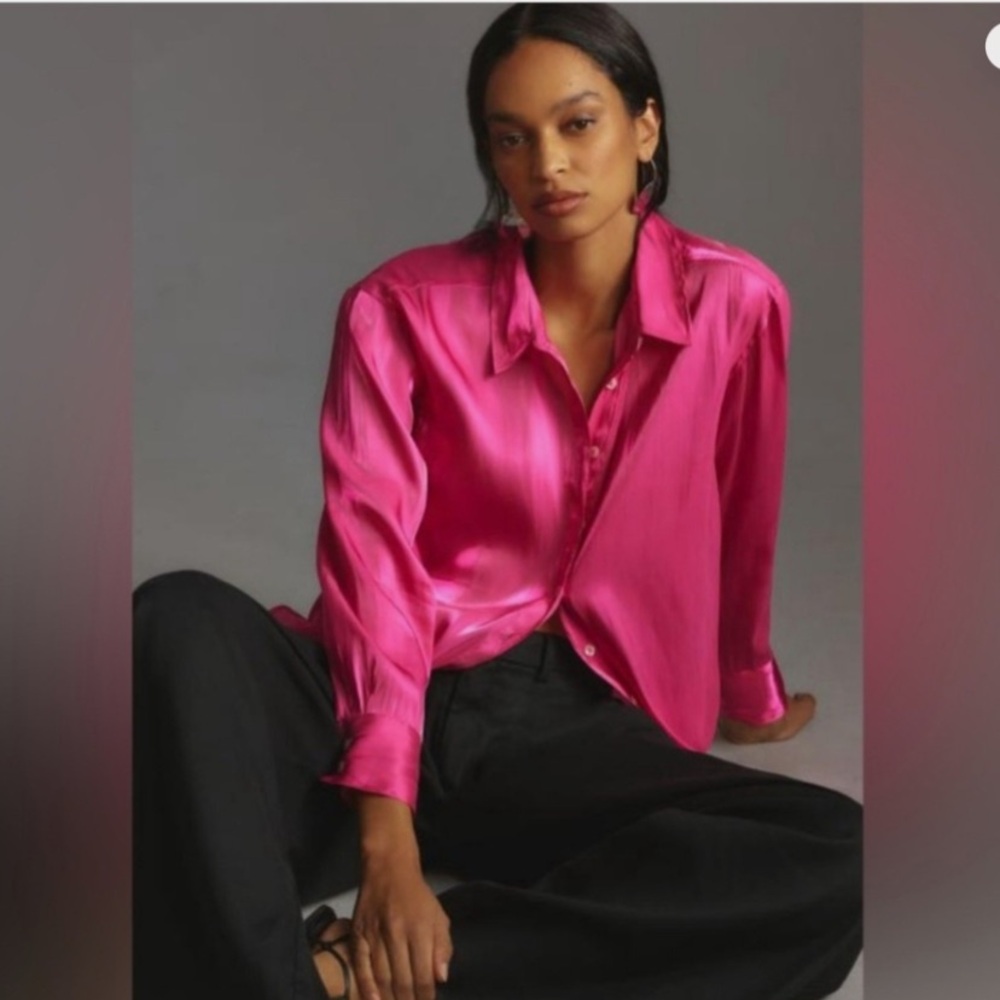 Anthropologie Glossy Satin Button-Front Blouse in Fuchsia